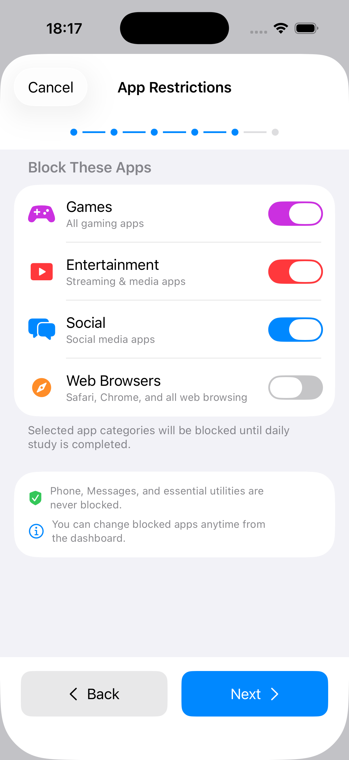 App blocking categories selection