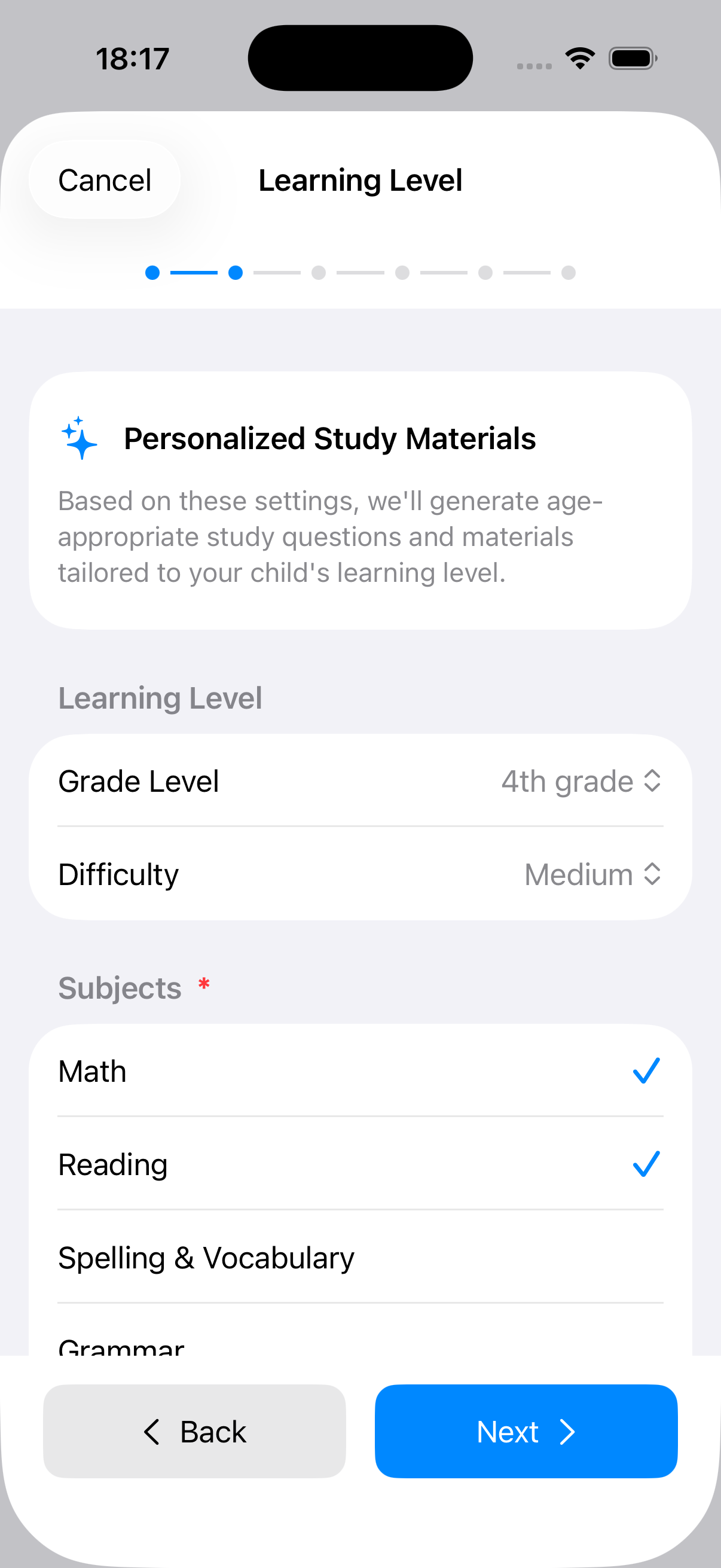 Personalized study materials setup screen